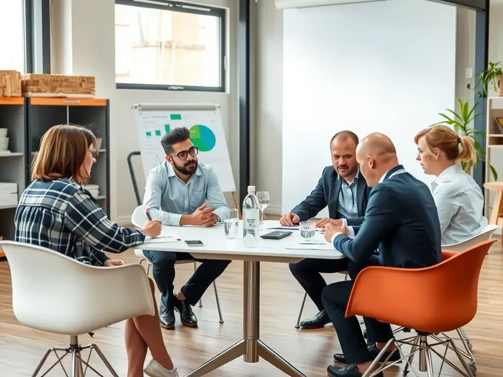 Business meeting between engineers and designers discussing eco-sustainable construction, featuring ideas and plans for biodegradable geomembranes, professional atmosphere