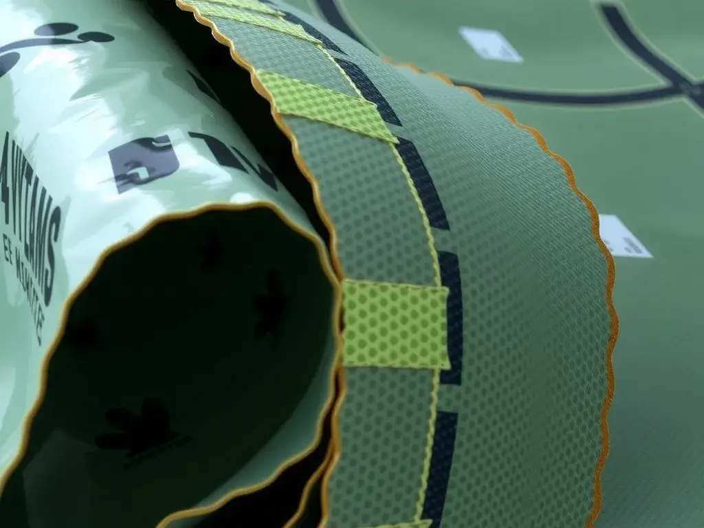 Close-up of biodegradable and recycled geomembranes with texture details, showcasing eco-friendly materials in a construction setting, professional lighting