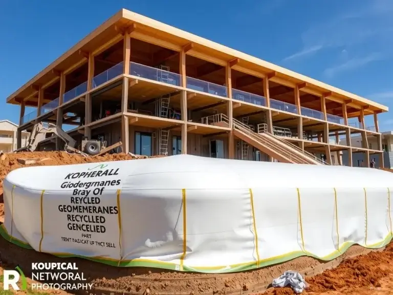 Modern construction site showcasing biodegradable and recycled geomembranes in use, eco-friendly materials, natural surroundings, sustainable architecture, clear blue skies, high-quality photography