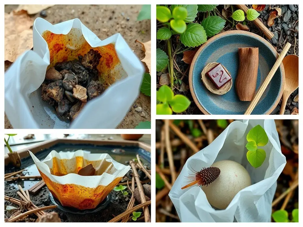 Imagery of biodegradable geomembranes breaking down in natural settings, showing the decomposition process with elements of microbial activity, heat and moisture, nature-focused