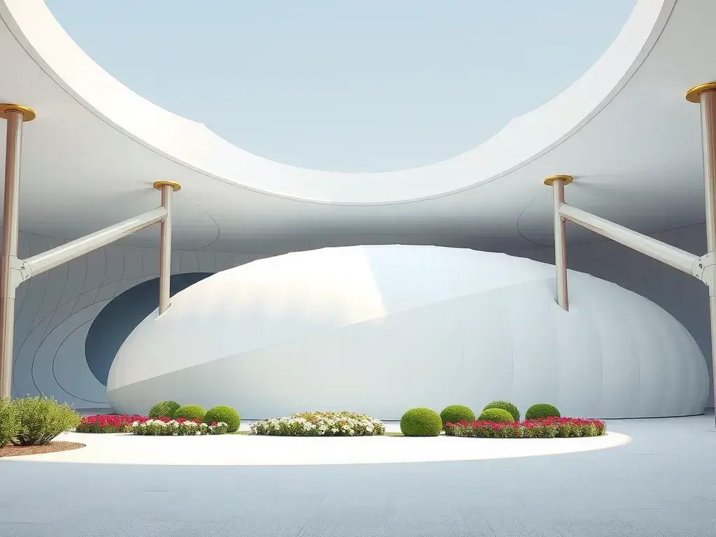 Mockup of future construction project utilizing biodegradable and recycled geomembranes, futuristic design, eco-friendly technology, clean aesthetic, innovative concepts