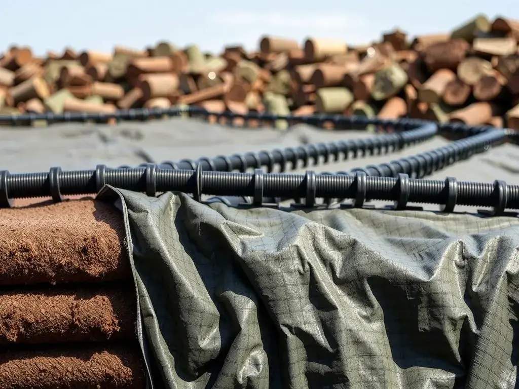 Recycled geomembranes displayed in a landfill project, showcasing their durable characteristics while promoting environmental responsibility, clear visual emphasis on textures