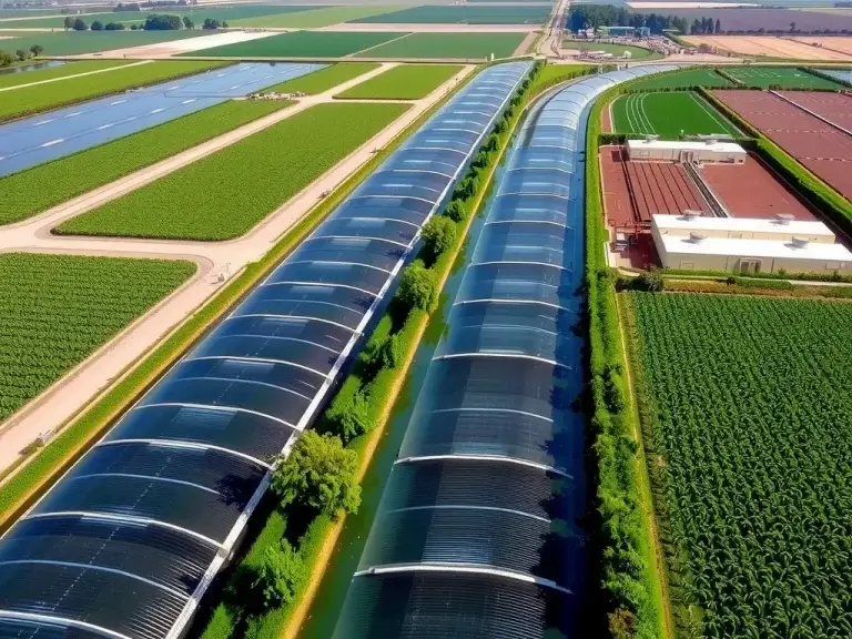 Aerial view of large-scale agricultural fields with geomembrane-lined irrigation canals, photorealistic, high-quality image showing reflective surfaces of HDPE and LLDPE liners managing water resources, clear skies, lush green crops due to effective water conservation techniques.