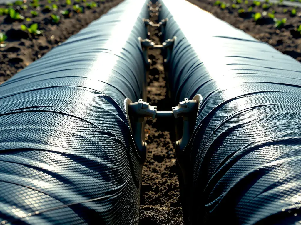Detailed close-up of a modern lined canal with HDPE geomembrane, showcasing texture and integration with drip irrigation systems, professional lighting, in an agricultural setting