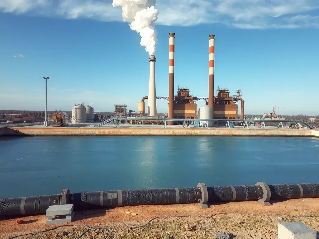 Depiction of an industrial plant with geomembrane-lined process-water pond, smoke stacks and machinery in view, highlighting water conservation and recycling techniques in industrial water management