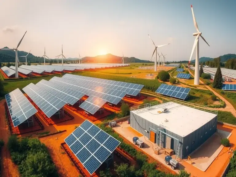 A panoramic view of renewable energy projects including solar panels, wind turbines, and energy storage facilities, integrated with geomembranes, in a sustainable setting, high quality, realistc lighting