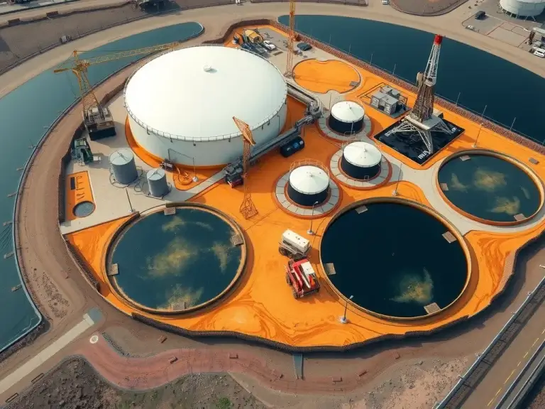 Aerial view of an oil and gas site with geomembranes, storage tanks, reserve pits, and drilling pads, showcasing extensive use of containment materials, photorealistic, high quality, professional lighting