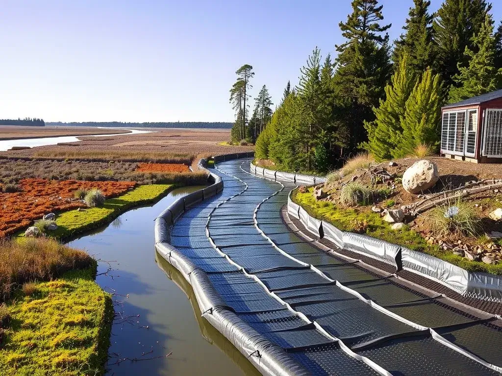 Image of geomembranes in environmentally sensitive area, protecting wildlife habitats and waterways, professional photography, emphasis on ecological protection