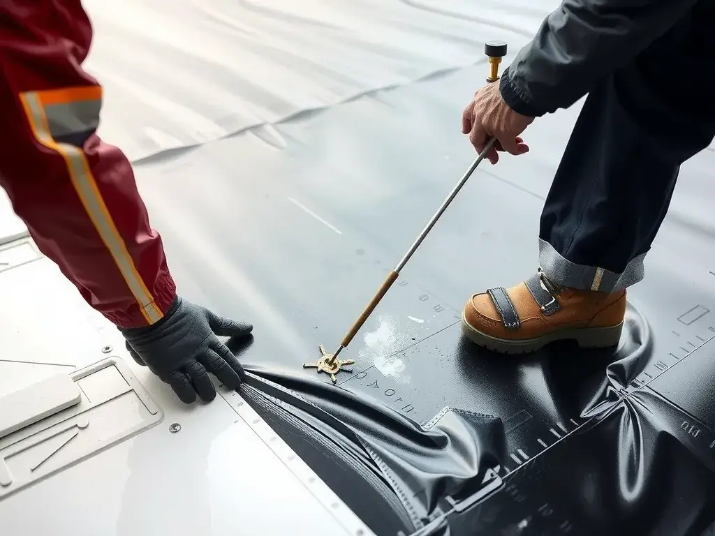 Scene of maintenance on geomembranes, showing patching or rewelding actions, cost-effective and sustainable practices, durable materials, professional photography