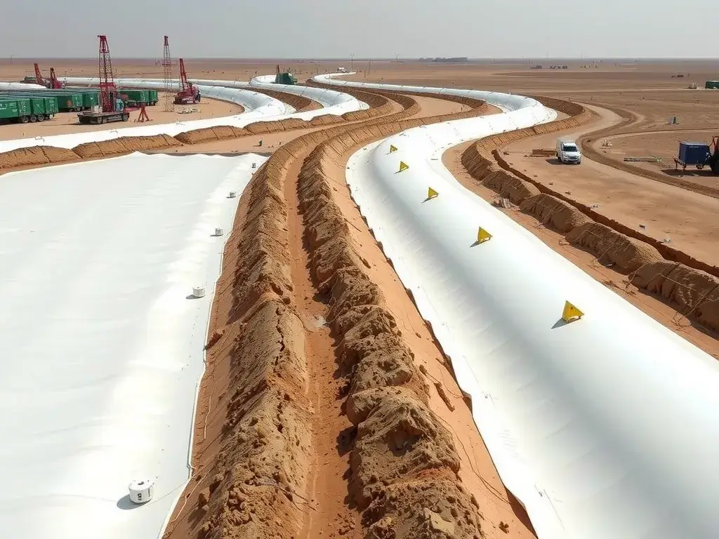View of Saudi Arabian oilfield with HDPE geomembranes, featuring anchor trenches, edge ballast, and monitoring for effective containment, successful implementation in harsh conditions