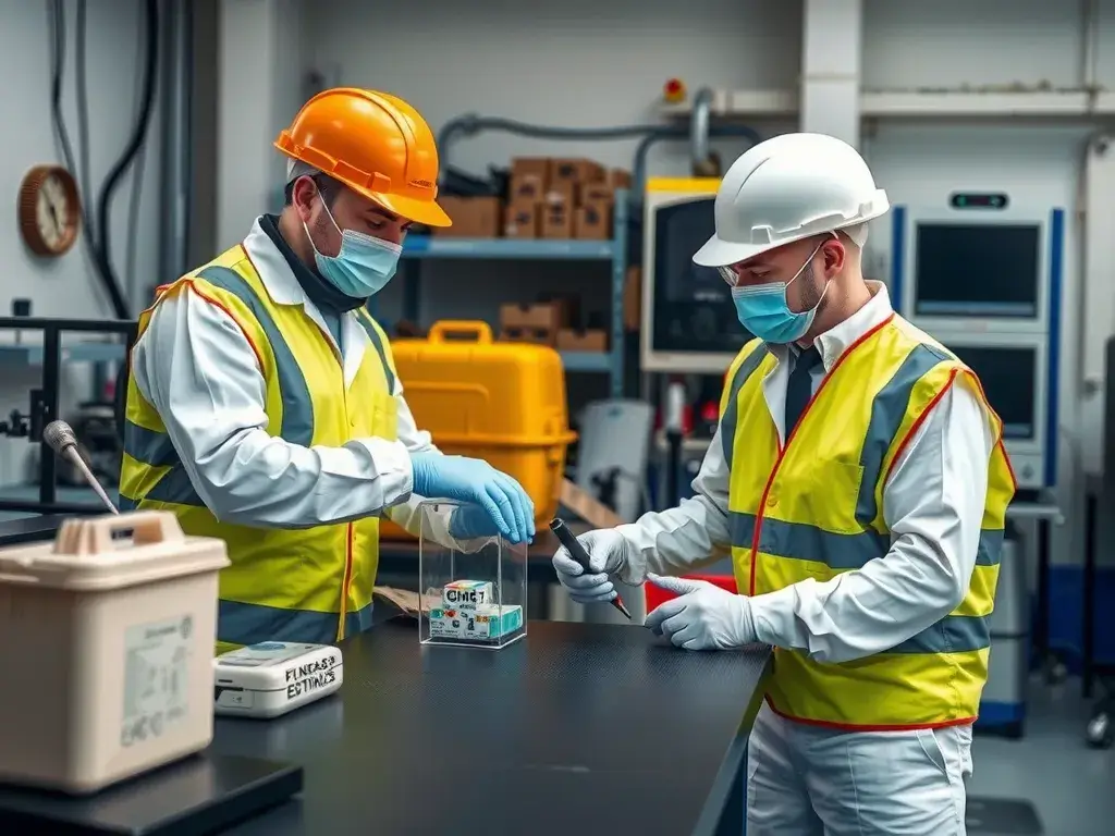 Compliance testing of geomembranes, featuring laboratory settings, test equipments, and professionals in safety gear analyzing samples, high quality detail