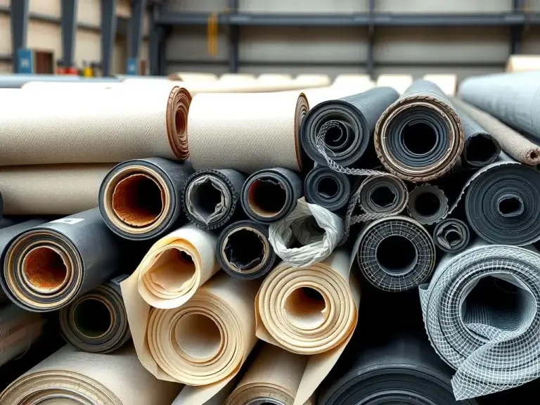 A diverse collection of geomembranes including HDPE and LLDPE, displayed in rolls, showing texture and thickness variations, high-detail photography, industrial setting, clean background