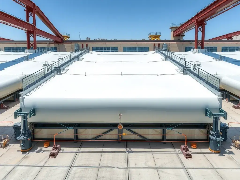 Linear Low-Density Polyethylene (LLDPE) geomembrane covering a large water reservoir, demonstrating flexibility and adaptability, modern industrial setting, high resolution