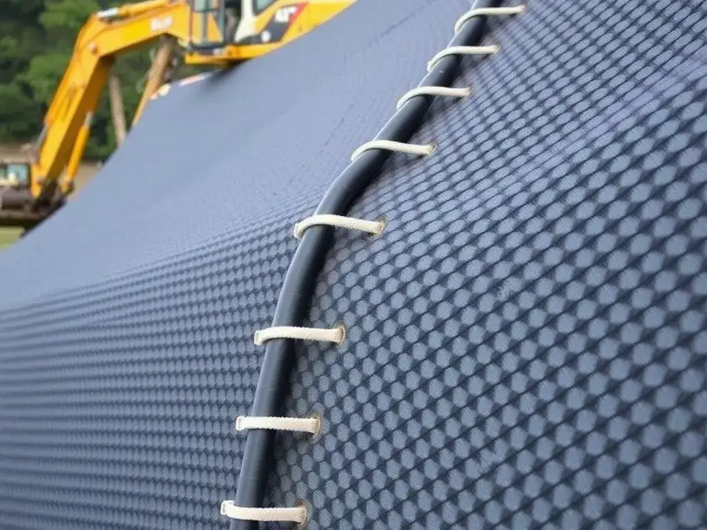 Textured geomembrane being installed on a steep embankment, showcasing the added friction benefits and stability, detailed, natural outdoor lighting
