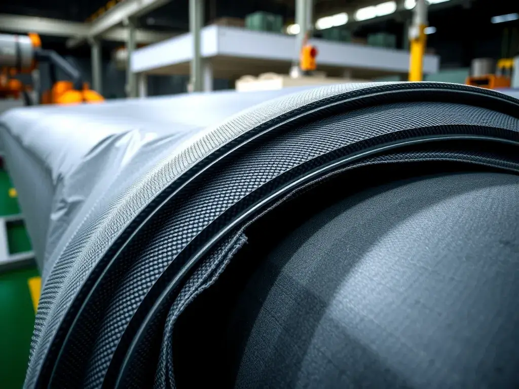 Close-up of HDPE and LLDPE geomembrane materials, showing texture and flexibility, high-quality detail, professional lighting, industrial setting