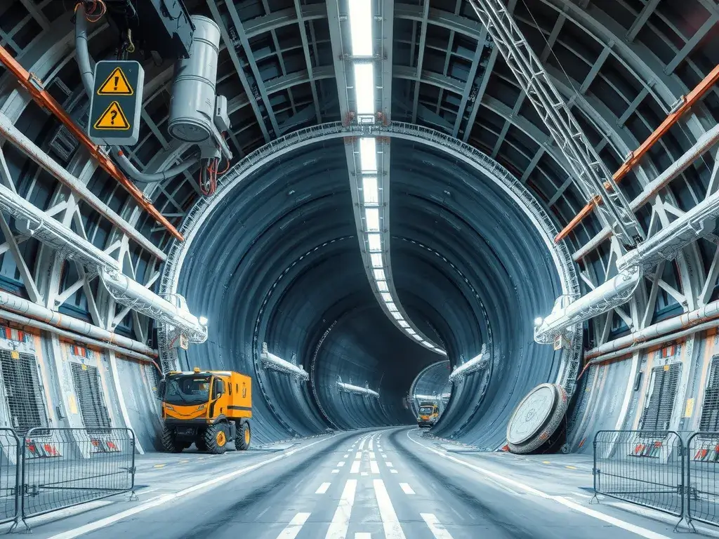 Modern tunnel construction with advanced geomembrane installation, high-tech equipment, detailed photorealistic, illustrating tunnel infrastructure, professional lighting, engineering marvel, clean and futuristic setting