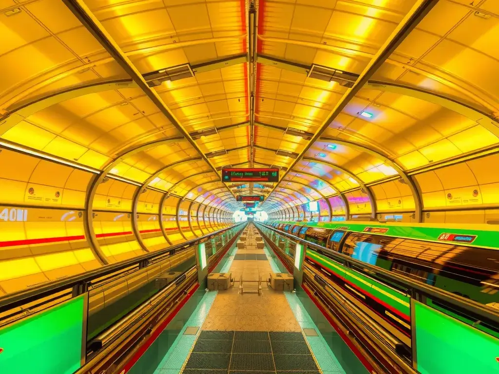 Urban metro system in Saudi Arabia using HDPE geomembranes, capturing the scale and technology, vibrant colors, photorealistic, expansion of infrastructure