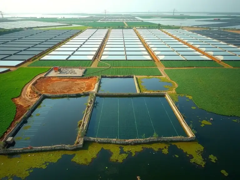 Aerial view of a large, modern aquaculture farm utilizing geomembrane liners, reflecting innovative and sustainable techniques, photorealistic, high quality, focus on environmental harmony, clear skies
