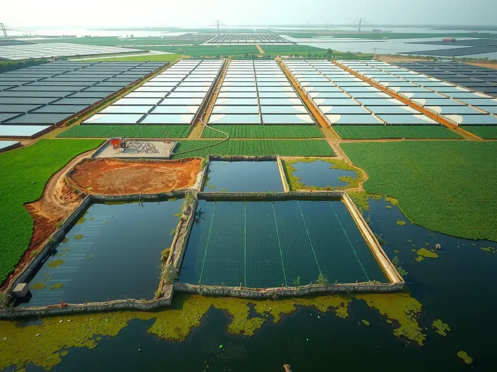 Aerial view of a large, modern aquaculture farm utilizing geomembrane liners, reflecting innovative and sustainable techniques, photorealistic, high quality, focus on environmental harmony, clear skies