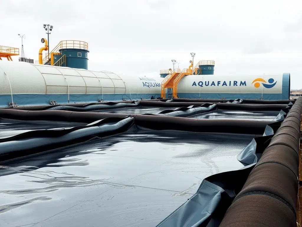 Aquafarm facility with geomembranes demonstrating resilience against harsh weather conditions like wind and waves, showing welded seams and structured setup, high quality, detailed, overcast sky