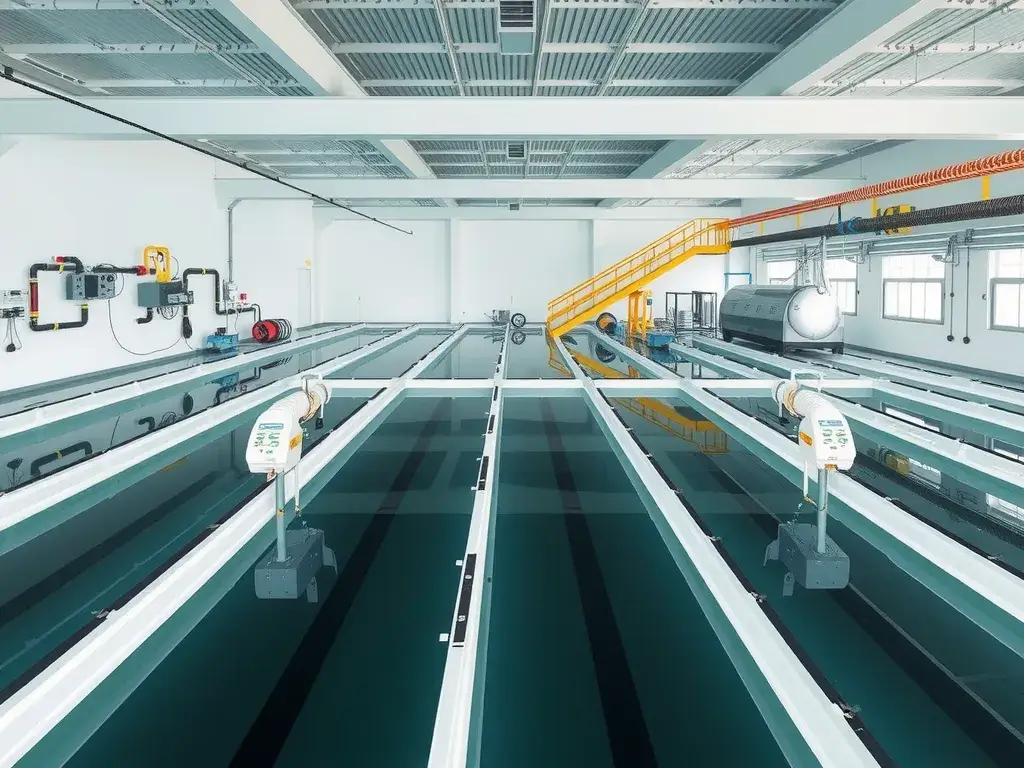 High-tech aquaculture facility with geomembrane liners, showcasing advanced monitoring systems and efficient layout, minimalistic design, modern equipment, high quality, clean composition