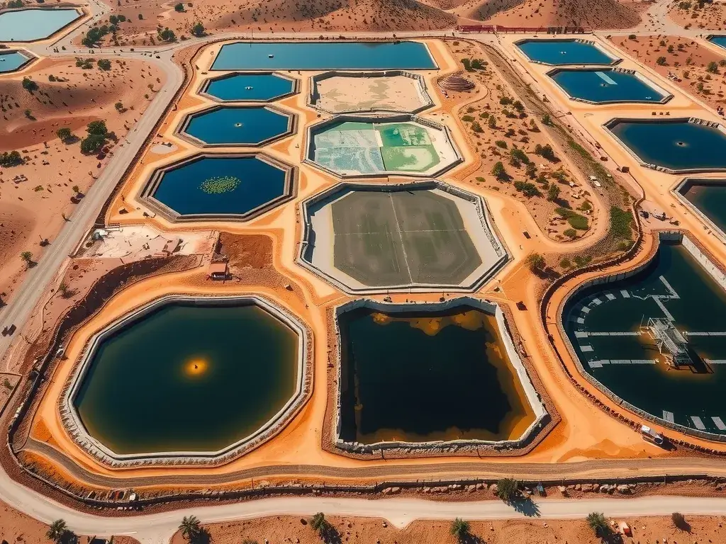 Aerial view of fish farming ponds lined with geomembranes in a desert landscape, showing effective water retention and management, environmental focus