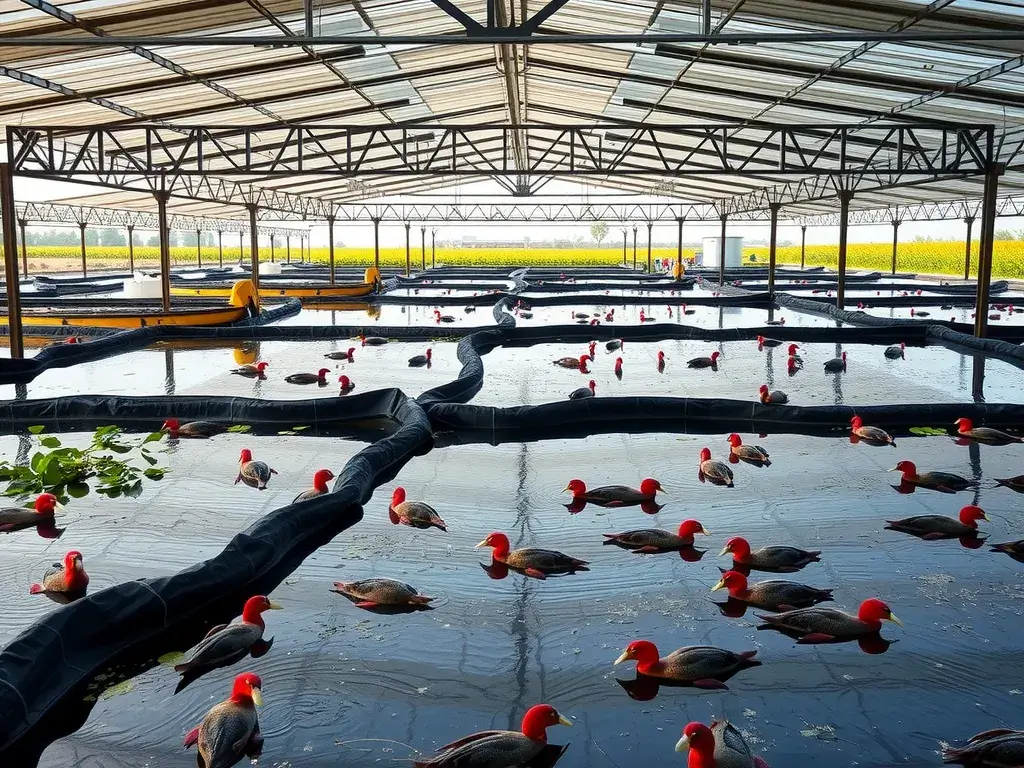 A modern aquaculture facility with geomembrane-lined ponds, high quality, natural lighting, aquatic farm environment, focus on water management and sustainability