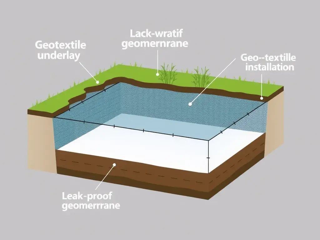 Illustrative diagram of a lined aquaculture pond showing layers including geotextile underlay, leak-proof geomembrane installation, detailed