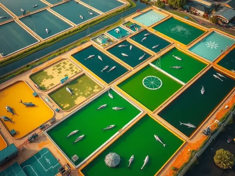 Aerial view of a modern aquaculture facility with geomembrane-lined fish ponds, photorealistic, high quality, vibrant colors, professional lighting, showing efficient water management and sustainable practices.