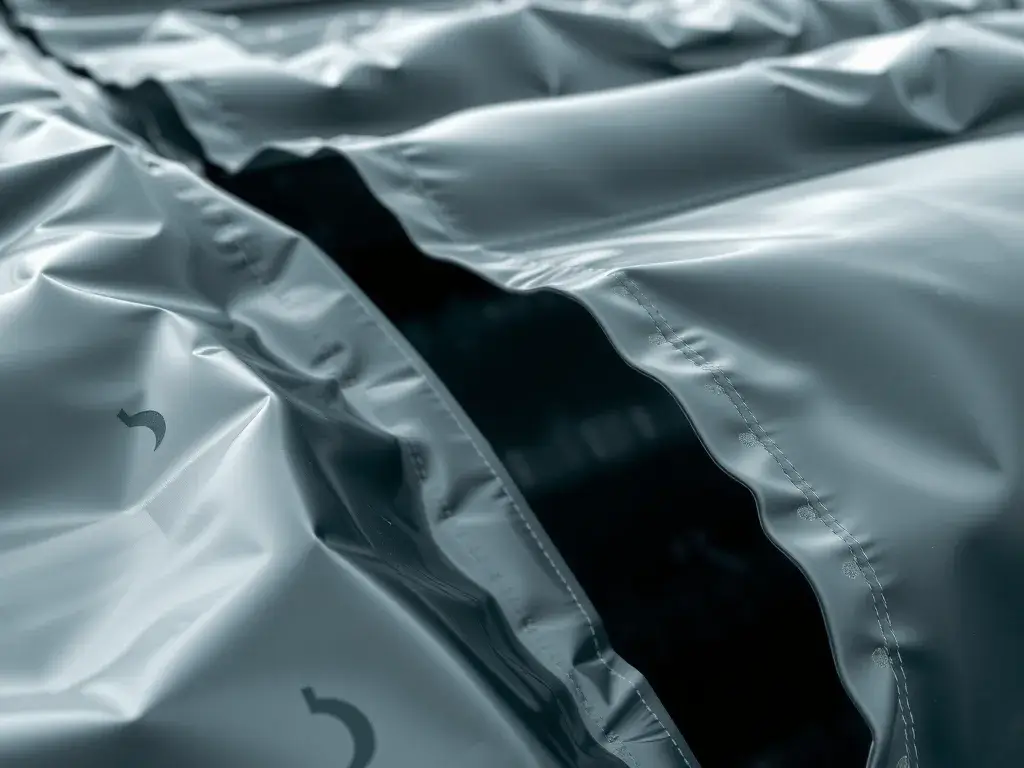 Photorealistic close-up of HDPE and LLDPE liners in aquaculture use, showing their texture and flexibility, with a focus on the glossy surfaces and seam welding, professional photography style