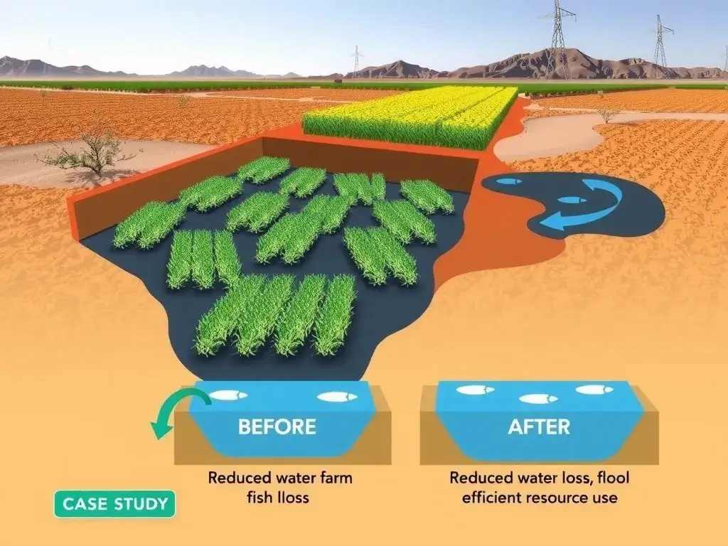 Illustration of a case study showing a fish farm in a dry region utilizing geomembrane liners, with highlighted areas of reduced water loss and efficient resource use, showing a comparison of before and after effects, high-quality visualization