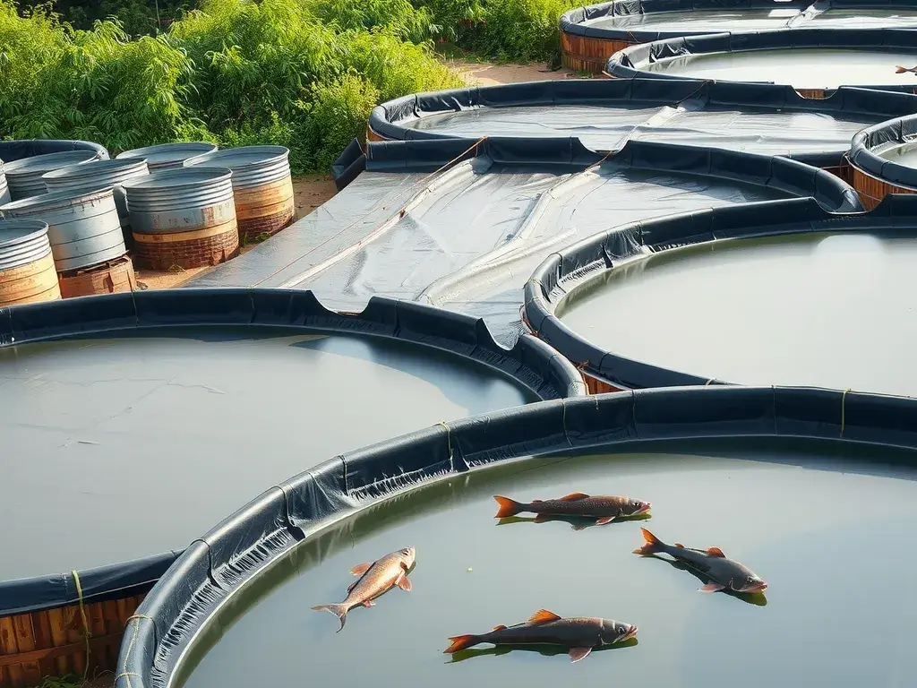 Detailed view of fish farming ponds with geomembrane liners, showing smooth and textured surfaces, surrounded by lush greenery, high quality, clean and organized layout, professional lighting