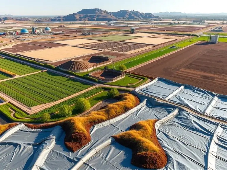 High quality, photorealistic image of a landfill and farming area overlaid with seamless HDPE and LLDPE geomembranes, showcasing environmental protection and sustainability, with vibrant lighting and realistic textures, aerial view