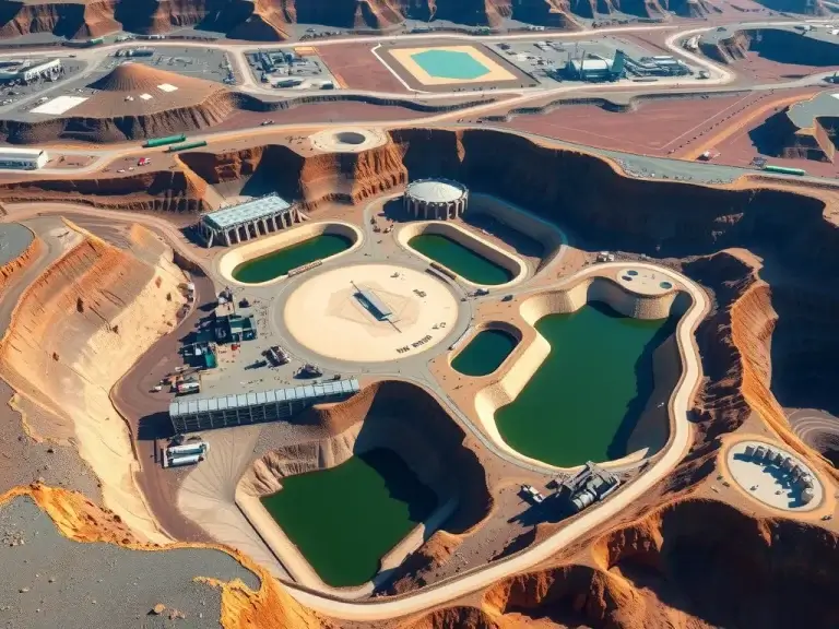 Aerial view of a large open-pit mining operation with geomembrane lined tailings ponds, photorealistic, high definition, natural lighting, environmental protection, industrial setting