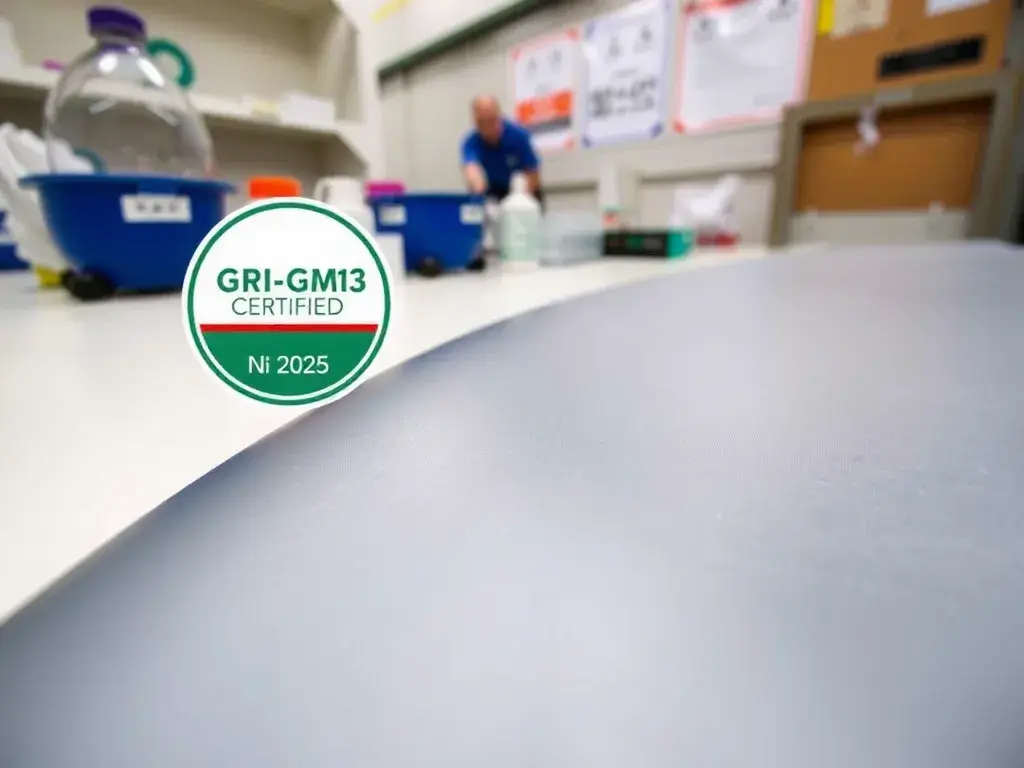 Close-up of HDPE geomembrane under GRI-GM13 certification, showcasing its smooth and high tensile strength surface, with a professional laboratory setting in the background, depicting verification, quality control, and chemical resistance