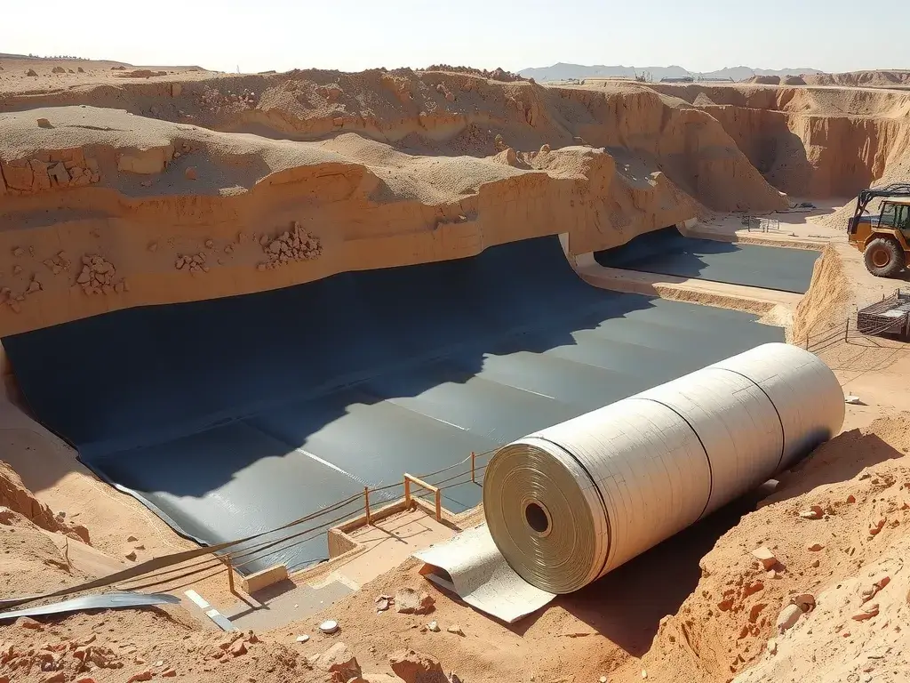 Installation of geomembranes in an open-pit mine with high UV resistance and thermal cycling under harsh desert conditions, detailed textures, and large roll of geomembranes