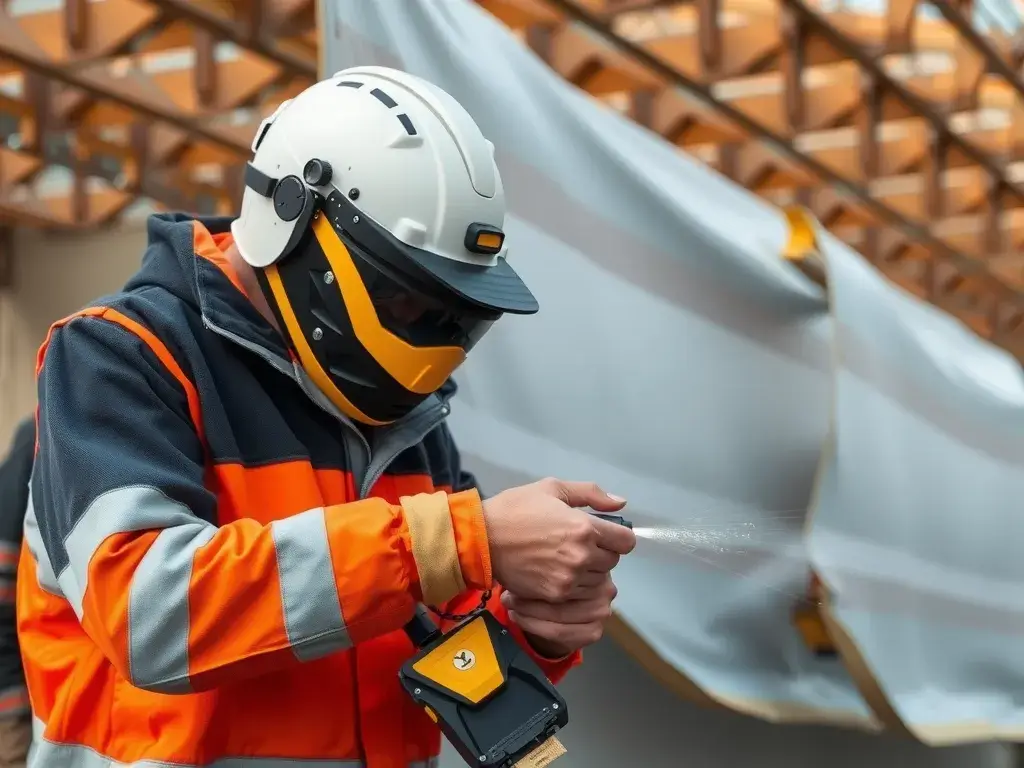 Technician testing seam overlaps in geomembranes, dual-track hot wedge welding technique, in a field setting, emphasizing quality control, natural lighting, industrial photography