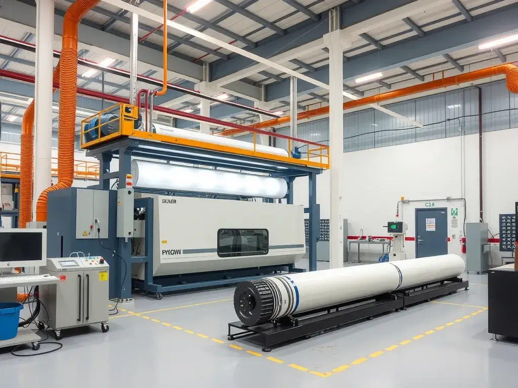 Advanced manufacturing facility producing geomembranes, featuring co-extrusion process and quality control tests, high-tech environment, clean and efficient industrial setting