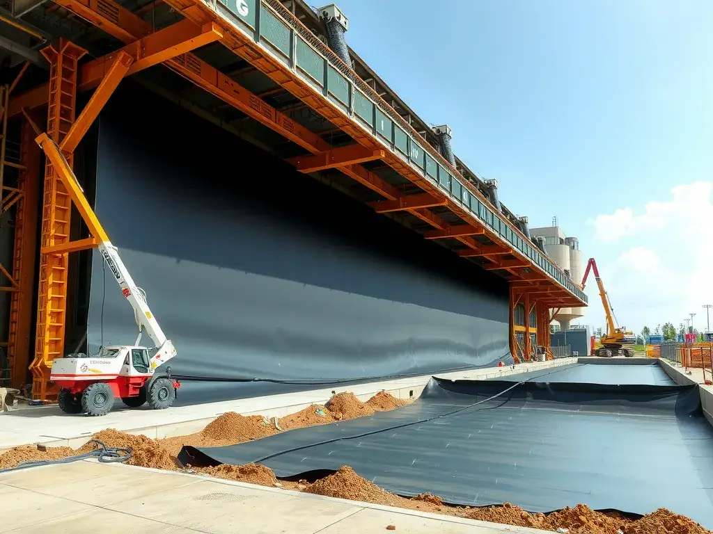 Modern construction site using geomembranes, showcasing large-scale polymer liners being installed, high quality, photorealistic, clean site, environment-conscious construction