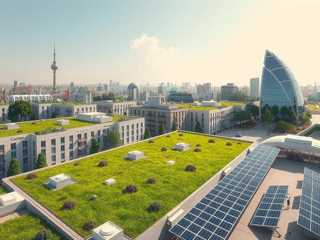 Future concept of a city using green roofs with geomembranes, integrated with solar panels and natural elements, depicting future sustainability in urban areas