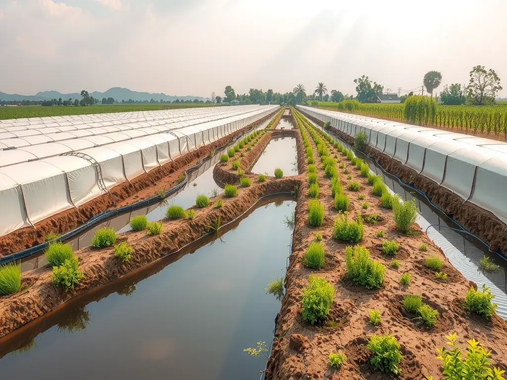 Image of a modern farm using geomembranes to conserve water in canals and ponds, showcasing reduced evaporation and stable water levels, realistic, high quality