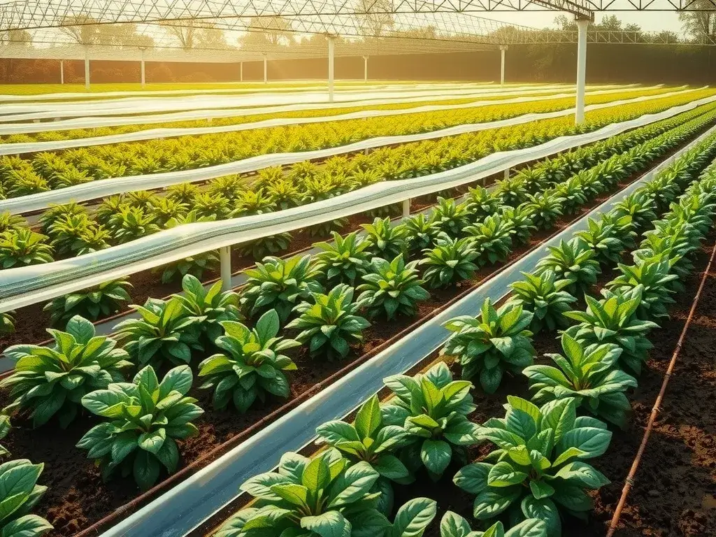 Futuristic farm with integrated irrigation technology and geomembranes, featuring soil-moisture sensors and automated irrigation systems, sustainable agriculture concept