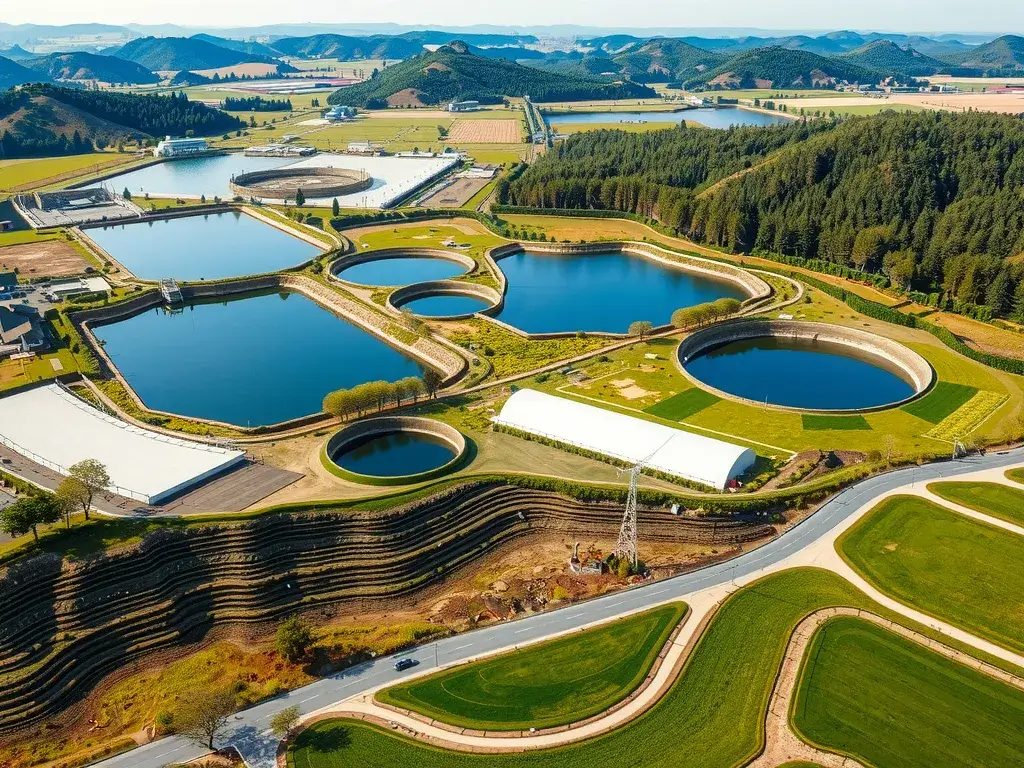 Illustration of geomembranes in agriculture, covering reservoirs, canals, and storage ponds, highlighting their application in water conservation and management, photorealistic, vibrant colors, detailed landscape