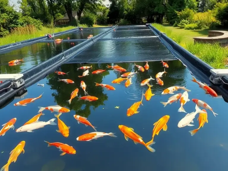 Aquaculture pond with geomembrane liner, showing a clean and organized setup, fish swimming in clear water, high quality, photorealistic, modern aquaculture technology, lush surrounding, professional photography