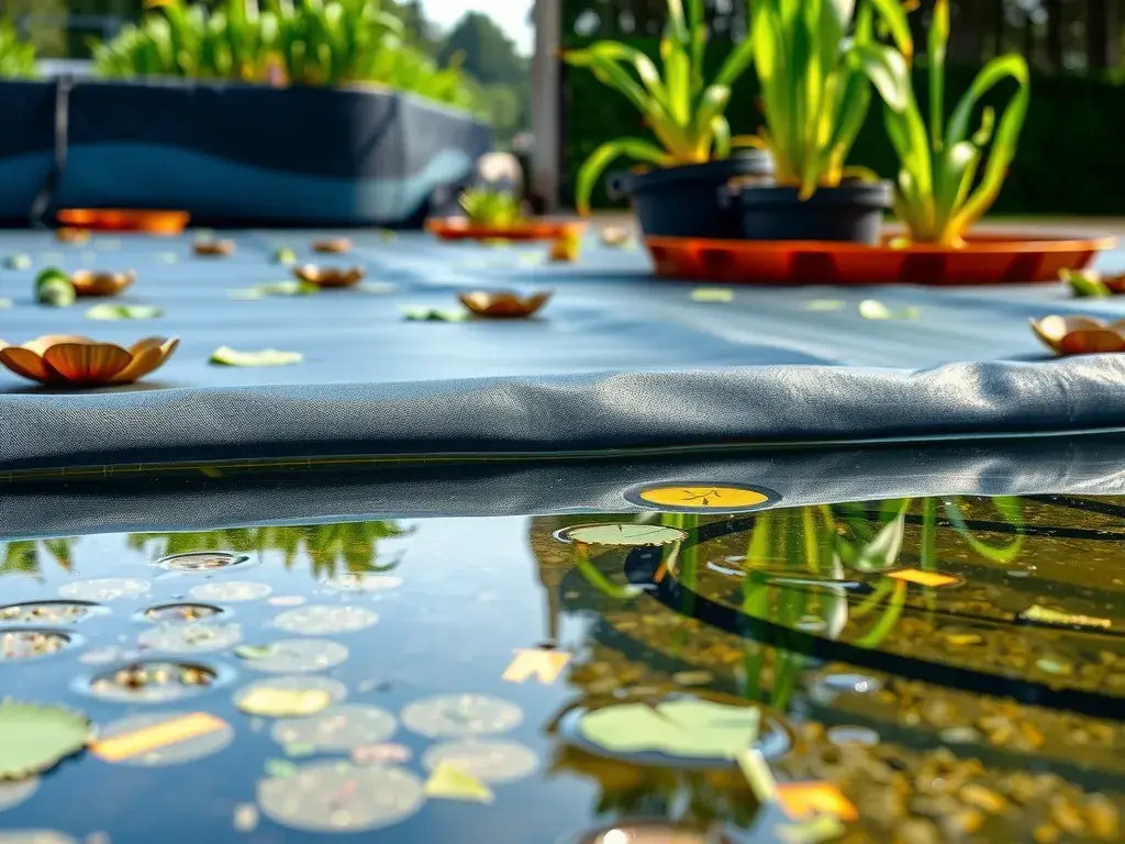 Close-up of pond liner installation in aquaculture, showing how geomembranes prevent seepage, clean water in the foreground, professional lighting, detailed texture, photorealistic, professional setting Close-up of pond liner installation in aquaculture, showing how geomembranes prevent seepage, clean water in the foreground, professional lighting, detailed texture, photorealistic, professional setting