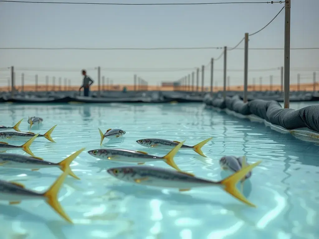 Visual representation of a Saudi Arabian fish farm utilizing HDPE liners, focusing on advanced aquaculture technology, clear water, staff inspecting liner seams, detailed and professional photography Visual representation of a Saudi Arabian fish farm utilizing HDPE liners, focusing on advanced aquaculture technology, clear water, staff inspecting liner seams, detailed and professional photography