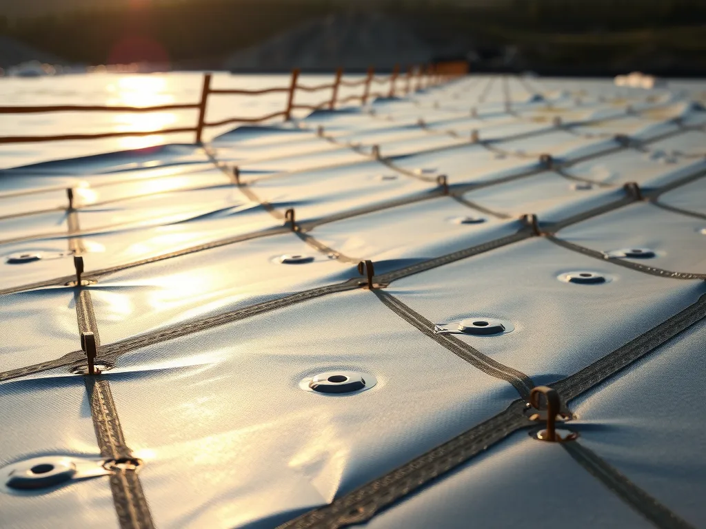 Close-up of HDPE geomembrane in a mining tailing pond, showing its protective barrier capabilities, photorealistic, detailed texture, sunlight reflecting on the water