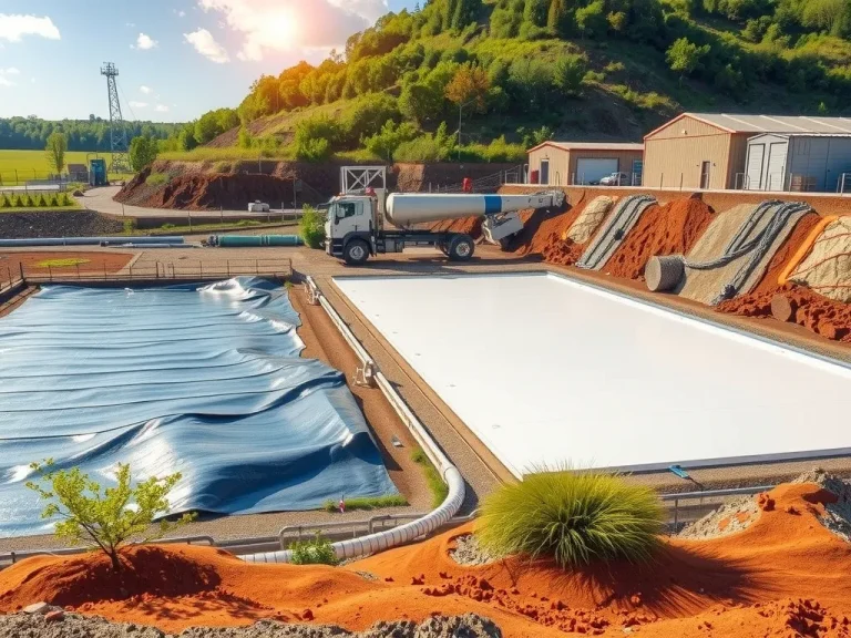 A sustainable industrial landscape with HDPE geomembranes, showcasing applications in waste management, mining, agriculture, and infrastructure, with emphasis on eco-friendliness, durability, and modern technology, photorealistic, high quality, natural lighting