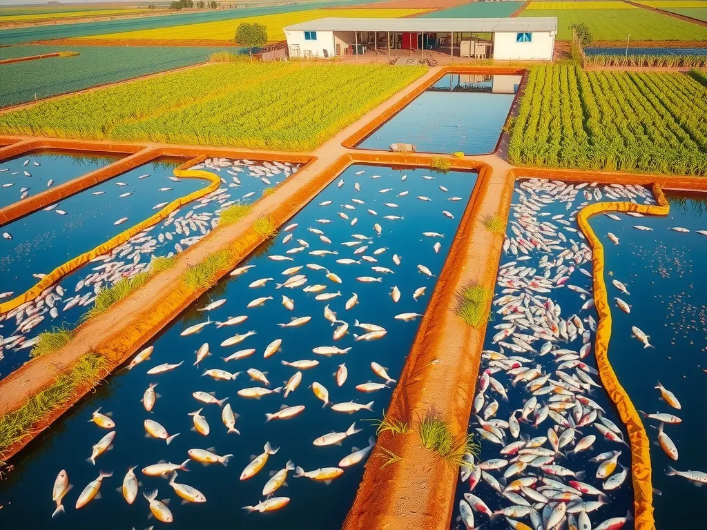An aerial view of a modern aquaculture farm using geomembrane-lined ponds, with fish and shrimp being harvested, sustainable and eco-friendly practices, photorealistic, high quality