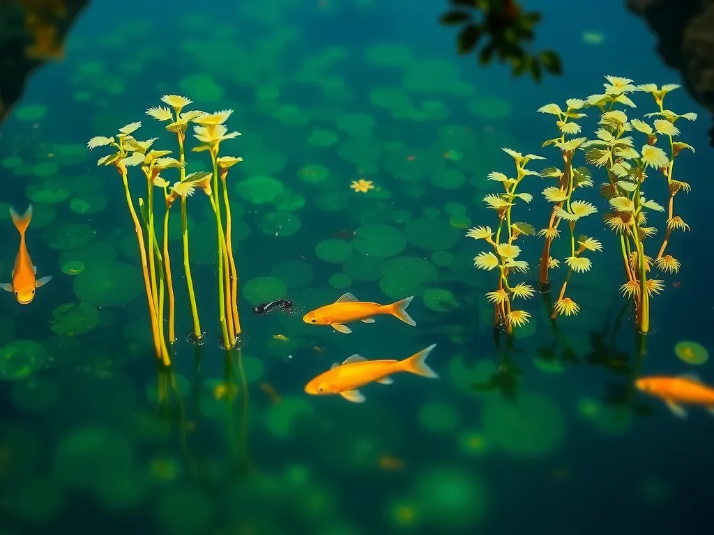 Close-up of a fish pond with High-Density Polyethylene (HDPE) geomembrane liner, showing clear water and healthy aquatic plants, photorealistic, vivid colors